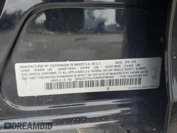 2010 Volkswagen Jetta S with VIN 3VWJZ7AJ3AM029692, listed as a Copart auction lot 61743435 with Not provided miles and Salvage title. Bid and sale history available at DreamBid. Image 12.
