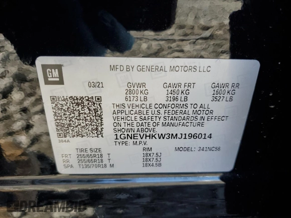 2021 Chevrolet Traverse LT Leather with VIN 1GNEVHKW3MJ196014, listed as a Copart auction lot 49678595 with 124,695 mi miles and Salvage Title. Bid and sale history available at carsss.com. Image 13.