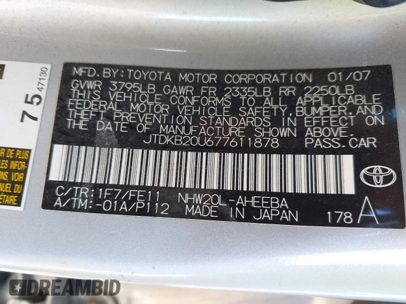 2007 Toyota Prius with VIN JTDKB20U677611878, listed as a IAAI auction lot 42233105 with 291,499 mi miles and . Bid and sale history available at DreamBid. Image 9.