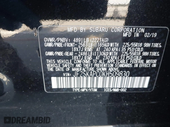 2019 Subaru Forester Special Sports with VIN JF2SKAPC0KH509830, listed as a IAAI auction lot 41520638 with 57,648 mi miles and . Bid and sale history available at DreamBid. Image 9.