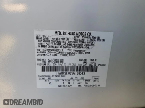 2011 Ford Taurus SEL z VIN 1FAHP2EW2BG188513, wystawiony jako Copart lot #58017755 z przebiegiem 211 530 mil mil oraz Szkoda całkowita • Salvage title. Historia ofert i sprzedaży dostępna na DreamBid. Obrazek 12.