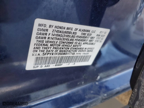 2013 Honda Ridgeline RT with VIN 5FPYK1F20DB017746, listed as a Copart auction lot 89013875 with 149,845 mi miles and Salvage Title. Bid and sale history available at carsss.com. Image 12.