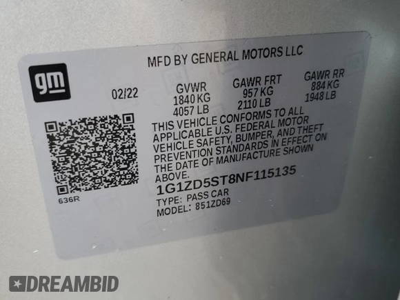 2022 Chevrolet Malibu LT with VIN 1G1ZD5ST8NF115135, listed as a Copart auction lot 52005115 with 94,651 mi miles and Salvage Title. Bid and sale history available at DreamBid. Image 15.