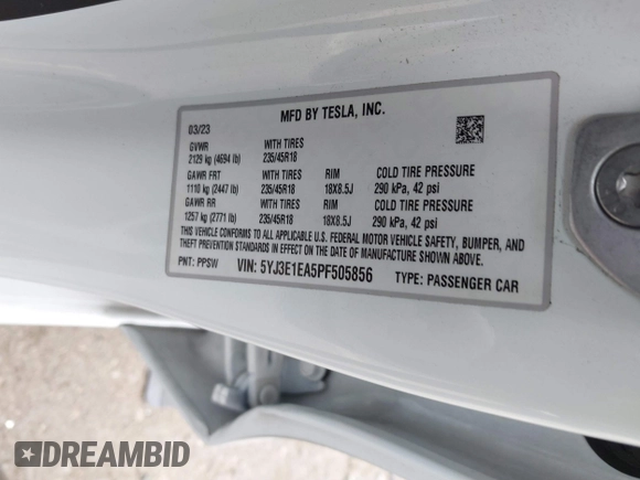 2023 Tesla Model 3 with VIN 5YJ3E1EA5PF505856, listed as a IAAI auction lot 41885837 with 28,206 mi miles and . Bid and sale history available at carsss.com. Image 9.
