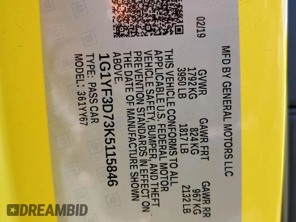 2019 Chevrolet Corvette 3LT with VIN 1G1YF3D73K5115846, listed as a Copart auction lot 40368473 with 0 mi miles. Bid and sale history available at carsss.com. Image 14.