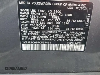 2024 Volkswagen Atlas SE z VIN 1V2JR2CA5RC597456, wystawiony jako Copart lot #57634905 z przebiegiem 8 994 mil mil oraz Szkoda całkowita • Salvage title. Historia ofert i sprzedaży dostępna na DreamBid. Obrazek 15.