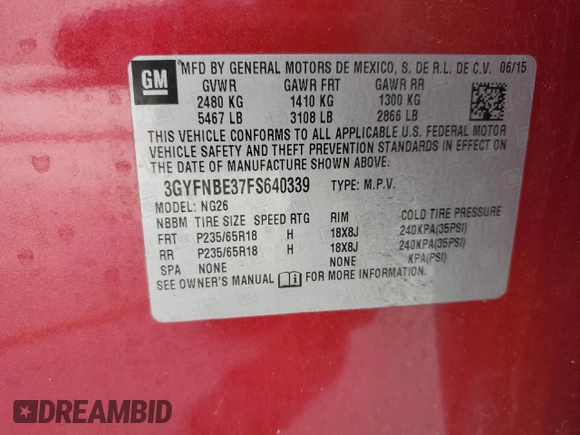 2015 Cadillac SRX Luxury Collection with VIN 3GYFNBE37FS640339, listed as a Copart auction lot 46057145 with 119,345 mi miles and Salvage Title. Bid and sale history available at DreamBid. Image 14.