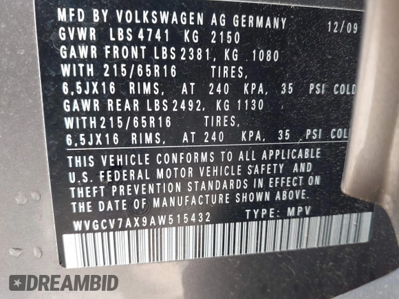 2010 Volkswagen Tiguan with VIN WVGCV7AX9AW515432, listed as a IAAI auction lot 42105962 with 91,405 mi miles and . Bid and sale history available at DreamBid. Image 9.