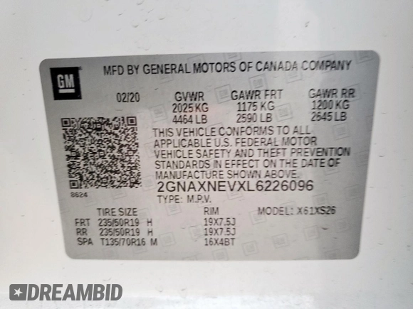 2020 Chevrolet Equinox Premier z VIN 2GNAXNEVXL6226096, wystawiony jako Copart lot #56744635 z przebiegiem 33 594 mil mil oraz Szkoda całkowita • Salvage title. Historia ofert i sprzedaży dostępna na DreamBid. Obrazek 13.