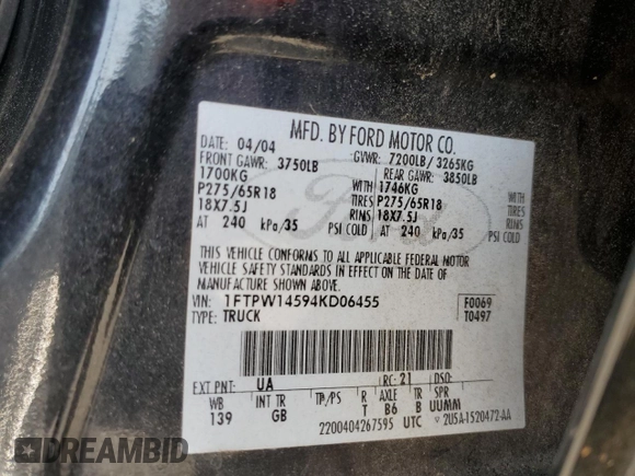 2004 Ford F-150 XLT with VIN 1FTPW14594KD06455, listed as a Copart auction lot 49157825 with 104,542 mi miles and Salvage Title. Bid and sale history available at carsss.com. Image 14.