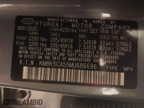 2021 Hyundai Kona Ultimate with VIN KM8K5CA55MU686696, listed as a IAAI auction lot 41347527 with 38,750 mi miles. Bid and sale history available at carsss.com. Image 9.