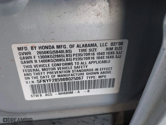 2008 Honda Pilot EX-L with VIN 5FNYF28598B025067, listed as a IAAI auction lot 41638109 with 200,093 mi miles. Bid and sale history available at carsss.com. Image 9.