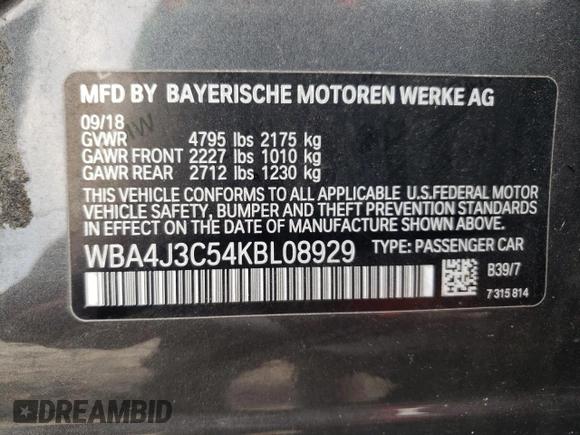 2019 BMW 4 Series 430i xDrive with VIN WBA4J3C54KBL08929, listed as a Copart auction lot 60608795 with Not provided miles and Salvage title. Bid and sale history available at DreamBid. Image 13.