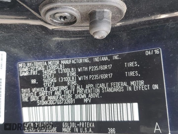 2016 Toyota Sienna LE AAS with VIN 5TDKK3DC7GS732691, listed as a Copart auction lot 54538595 with 143,242 mi miles and Clean Title. Bid and sale history available at DreamBid. Image 13.