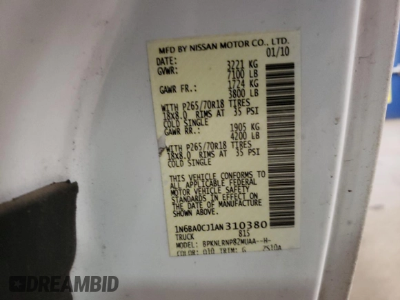 2010 Nissan Titan with VIN 1N6BA0CJ1AN310380, listed as a Copart auction lot 42785105 with 111,663 mi miles and Salvage title. Bid and sale history available at DreamBid. Image 12.