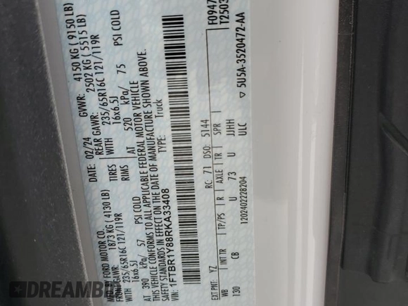 2024 Ford Transit Cargo with VIN 1FTBR1Y88RKA33408, listed as a Copart auction lot 75762044 with Not Provided miles and Clean Title. Bid and sale history available at DreamBid. Image 14.