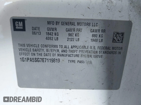 2014 Chevrolet Cruze LS with VIN 1G1PA5SG7E7119819, listed as a IAAI auction lot 42287424 with 133,279 mi miles and . Bid and sale history available at DreamBid. Image 9.