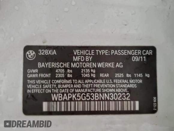 2011 BMW 3 Series 328i xDrive with VIN WBAPK5G53BNN30232, listed as a Copart auction lot 57954685 with 157,538 mi miles and Salvage title. Bid and sale history available at DreamBid. Image 12.