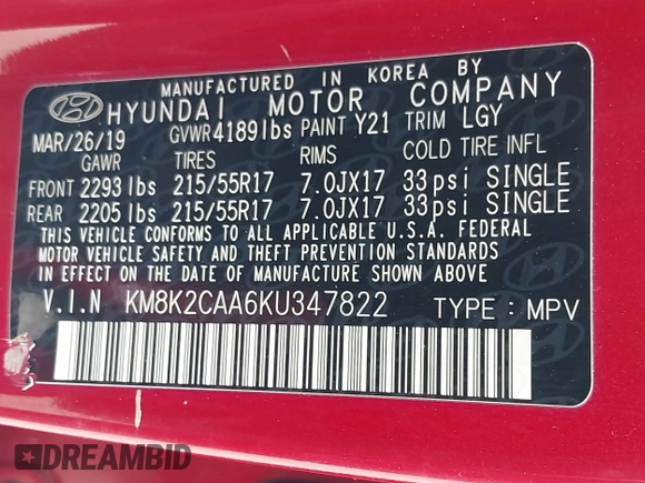 2019 Hyundai Kona SEL with VIN KM8K2CAA6KU347822, listed as a IAAI auction lot 42171732 with 68,193 mi miles and . Bid and sale history available at carsss.com. Image 9.