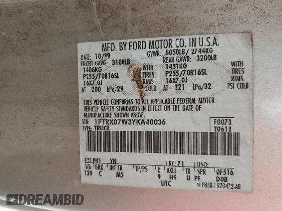 2000 Ford F-150 XL with VIN 1FTRX07W3YKA40036, listed as a Copart auction lot 51795085 with Not provided miles and Salvage title. Bid and sale history available at DreamBid. Image 12.