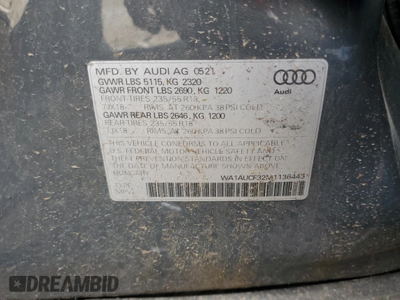 2021 Audi Q3 Premium with VIN WA1AUCF32M1136443, listed as a Copart auction lot 45884433 with 40,593 mi miles. Bid and sale history available at carsss.com. Image 14.