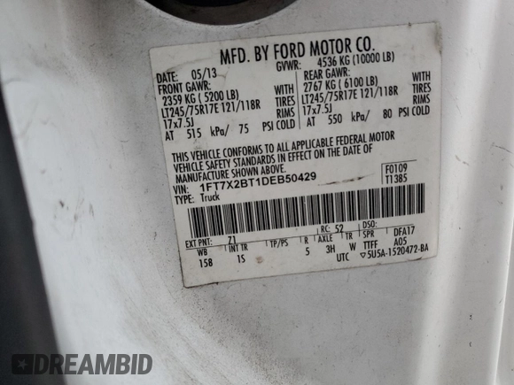 2013 Ford F-250 XL with VIN 1FT7X2BT1DEB50429, listed as a Copart auction lot 42927945 with 270,290 mi miles and Salvage Title. Bid and sale history available at DreamBid. Image 12.