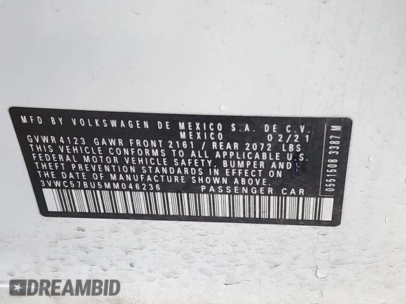 2021 Volkswagen Jetta S z VIN 3VWC57BU5MM046236, wystawiony jako IAAI lot #41740297 z przebiegiem 57 769 mil mil oraz . Historia ofert i sprzedaży dostępna na DreamBid. Obrazek 9.