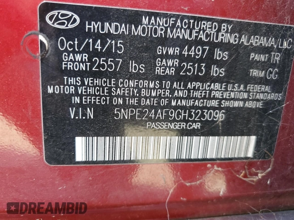 2016 Hyundai Sonata SE with VIN 5NPE24AF9GH323096, listed as a Copart auction lot 87087964 with 52,770 mi miles and Salvage Title. Bid and sale history available at carsss.com. Image 12.