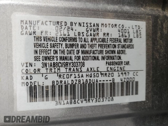 2024 Nissan Sentra SV with VIN 3N1AB8CV9RY303708, listed as a Copart auction lot 65278555 with 36,841 mi miles and Clean title. Bid and sale history available at DreamBid. Image 12.