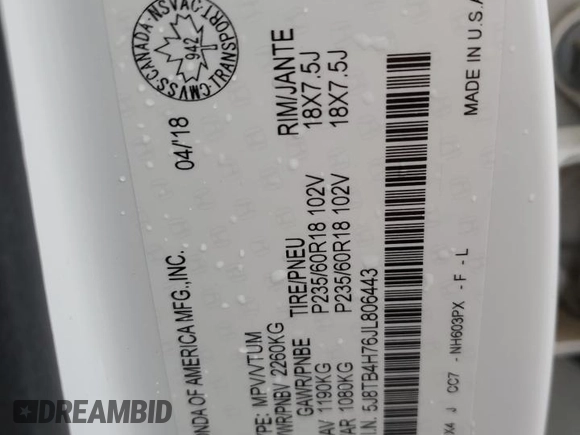 2018 Acura RDX Advance with VIN 5J8TB4H76JL806443, listed as a Copart auction lot 66811894 with 109,303 mi miles and Salvage title. Bid and sale history available at DreamBid. Image 13.