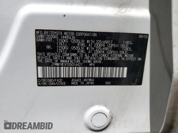 2013 Toyota RAV4 XLE with VIN JTMWFREV1D5016427, listed as a Copart auction lot 60361685 with 130,283 mi miles and Salvage title. Bid and sale history available at DreamBid. Image 13.
