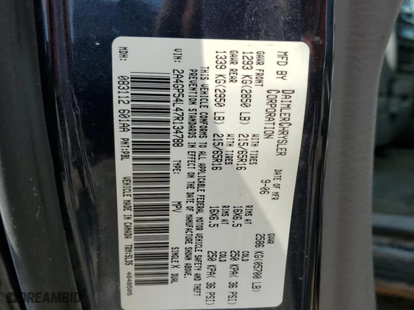 2007 Chrysler Town & Country LWB Touring with VIN 2A4GP54L47R134788, listed as a Copart auction lot 66583774 with 153,308 mi miles and Salvage Title. Bid and sale history available at carsss.com. Image 13.