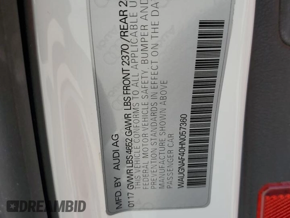 2017 Audi A4 Premium z VIN WAUGNAF40HN057360, wystawiony jako Copart lot #53871855 z przebiegiem 93 609 mil mil oraz Szkoda całkowita • Salvage title. Historia ofert i sprzedaży dostępna na DreamBid. Obrazek 12.