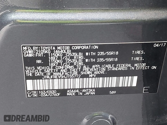 2017 Toyota RAV4 SE with VIN JTMJFREV5HJ155712, listed as a IAAI auction lot 42613998 with 72,112 mi miles and . Bid and sale history available at DreamBid. Image 9.