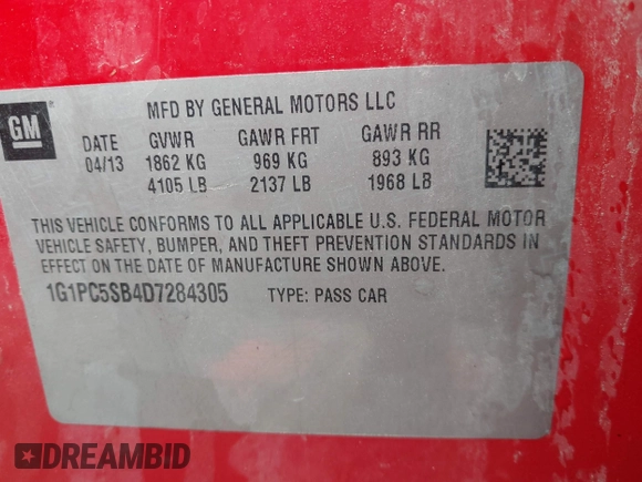 2013 Chevrolet Cruze 1LT with VIN 1G1PC5SB4D7284305, listed as a IAAI auction lot 41893978 with 214,082 mi miles and . Bid and sale history available at DreamBid. Image 9.