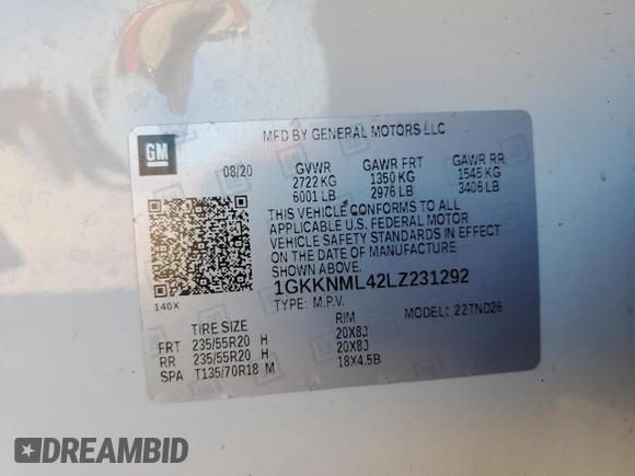 2020 GMC Acadia SLT with VIN 1GKKNML42LZ231292, listed as a Copart auction lot 87641585 with 60,885 mi miles and Salvage Title. Bid and sale history available at DreamBid. Image 13.