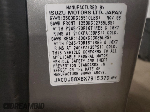 1999 Isuzu Trooper S z VIN JACDJ58X8X7915370, wystawiony jako Copart lot #83466824 z przebiegiem 143 588 mil mil oraz Czysty tytuł • Clean title. Historia ofert i sprzedaży dostępna na DreamBid. Obrazek 13.