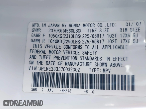 2007 Honda CR-V LX with VIN JHLRE38337C032302, listed as a IAAI auction lot 41870855 with 189,865 mi miles. Bid and sale history available at carsss.com. Image 9.