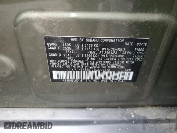 2019 Subaru Outback Touring with VIN 4S4BSATC3K3331313, listed as a Copart auction lot 61025015 with 37,767 mi miles and Salvage title. Bid and sale history available at DreamBid. Image 13.