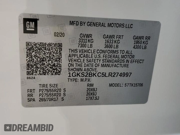2020 GMC Yukon SLT with VIN 1GKS2BKC5LR274997, listed as a Copart auction lot 45880815 with 60,834 mi miles and Salvage Title. Bid and sale history available at carsss.com. Image 16.