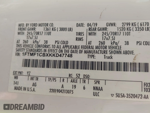 2019 Ford F-150 XL with VIN 1FTMF1CBXKKD47748, listed as a IAAI auction lot 41983277 with 120,933 mi miles. Bid and sale history available at carsss.com. Image 9.
