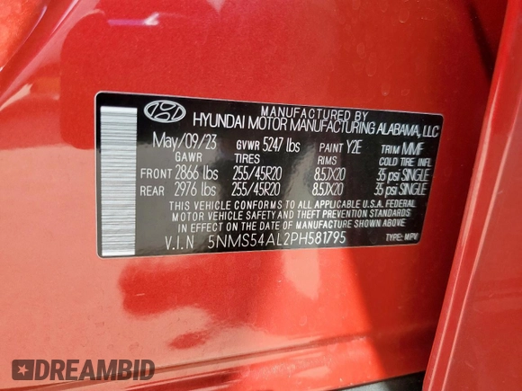 2023 Hyundai Santa Fe Calligraphy with VIN 5NMS54AL2PH581795, listed as a Copart auction lot 58316625 with 23,123 mi miles and Salvage title. Bid and sale history available at DreamBid. Image 12.