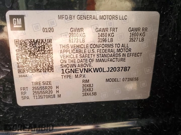 2020 Chevrolet Traverse High Country with VIN 1GNEVNKW0LJ203787, listed as a Copart auction lot 49062955 with 119,098 mi miles and Clean Title. Bid and sale history available at carsss.com. Image 13.