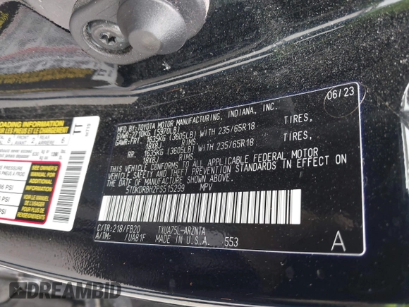 2023 Toyota Highlander L with VIN 5TDKDRBH2PS515299, listed as a IAAI auction lot 42336203 with 23,301 mi miles and . Bid and sale history available at DreamBid. Image 9.