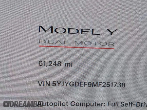 2021 Tesla Model Y Performance with VIN 5YJYGDEF9MF251738, listed as a IAAI auction lot 41708950 with 61,248 mi miles and . Bid and sale history available at DreamBid. Image 16.