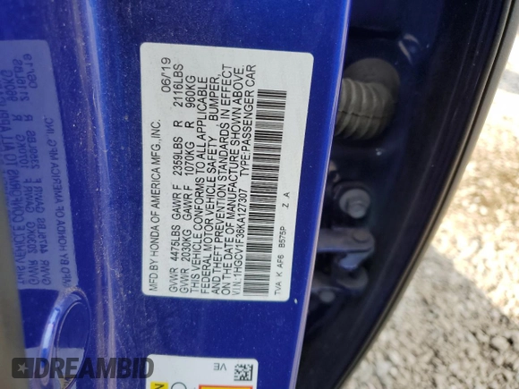 2019 Honda Accord Sedan Sport 1.5T with VIN 1HGCV1F36KA127307, listed as a Copart auction lot 53400675 with 56,091 mi miles and Salvage Title. Bid and sale history available at carsss.com. Image 14.