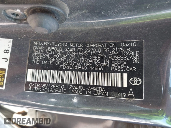 2010 Toyota Prius II with VIN JTDKN3DU6A0144856, listed as a IAAI auction lot 42253178 with 144,630 mi miles and . Bid and sale history available at DreamBid. Image 9.