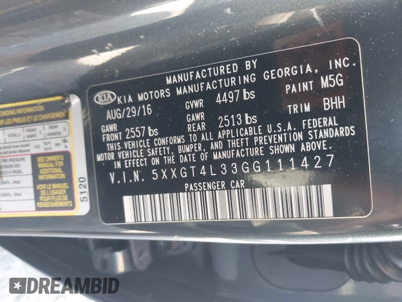 2016 Kia Optima LX with VIN 5XXGT4L33GG111427, listed as a IAAI auction lot 42801281 with 163,013 mi miles and . Bid and sale history available at DreamBid. Image 9.