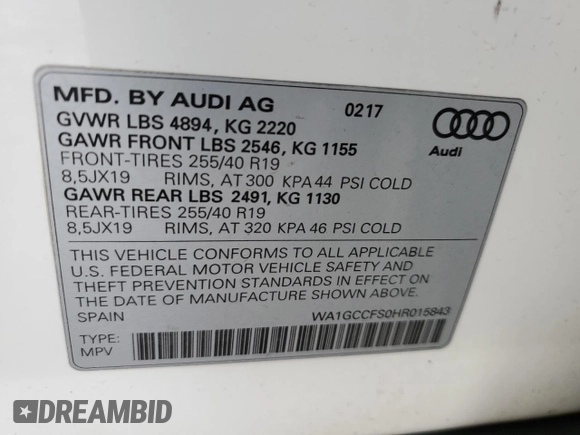 2017 Audi Q3 Prestige with VIN WA1GCCFS0HR015843, listed as a Copart auction lot 43771905 with 56,682 mi miles and Salvage Title. Bid and sale history available at carsss.com. Image 13.