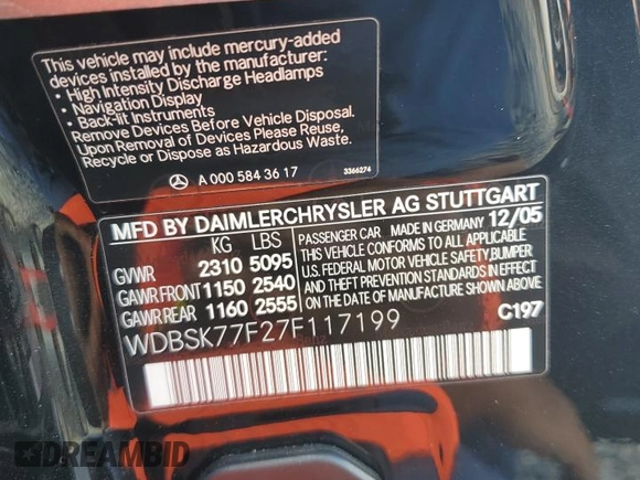 2007 Mercedes-Benz SL with VIN WDBSK77F27F117199, listed as a Copart auction lot 58724645 with 75,648 mi miles and Salvage title. Bid and sale history available at DreamBid. Image 13.